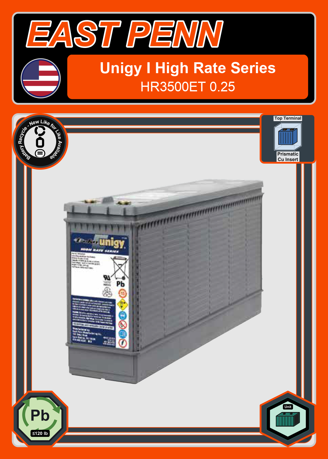 Battery Recycle East Penn Deka Unigy High Rate Series HR3500ET 0 25