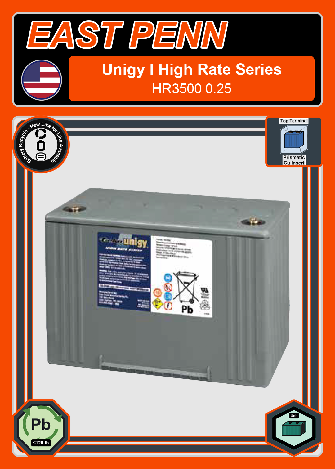 Battery Recycle East Penn Deka Unigy High Rate Series HR3500 0 25