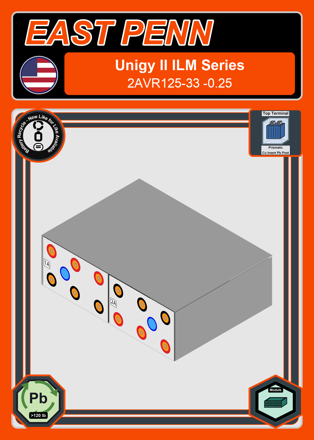 Battery Recycle East Penn Unigy II ILM Series 2AVR125 33 0 25