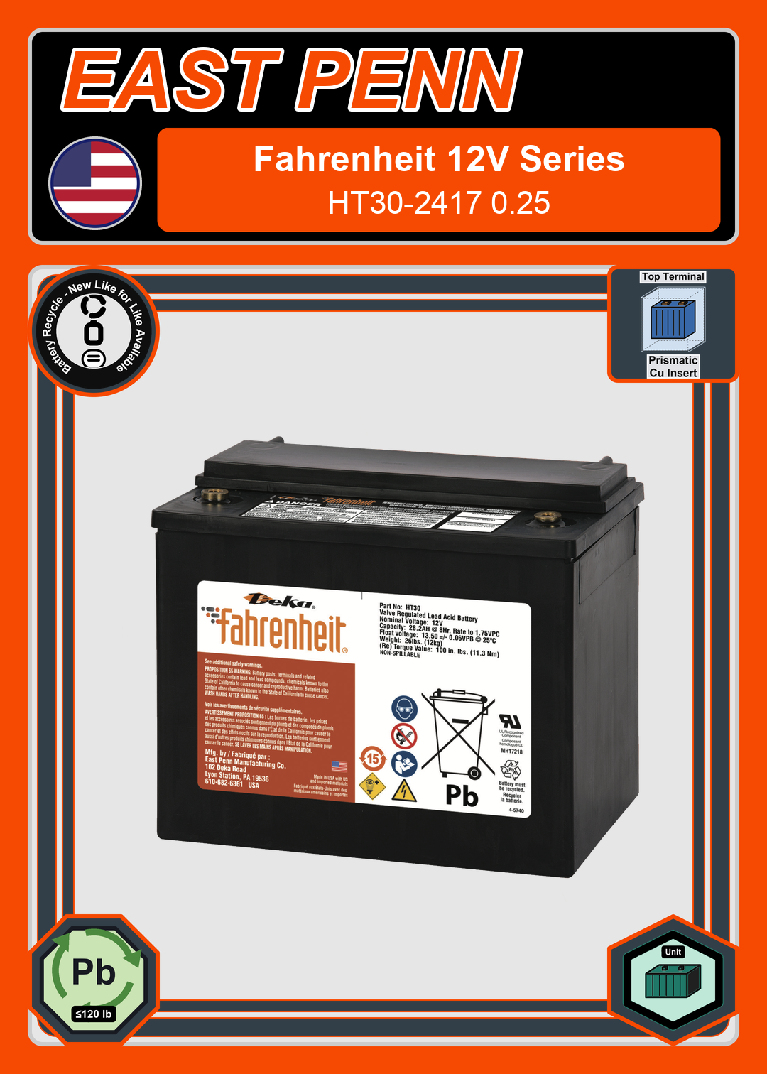 Battery Recycle East Penn Deka Fahrenheit HT30 2417 0 25