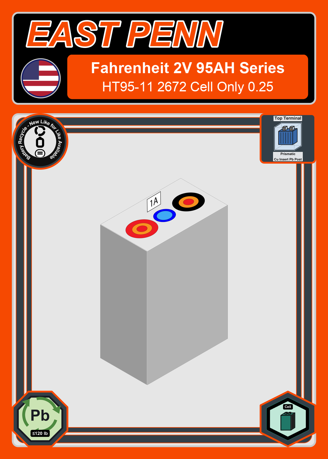Battery Recycle East Penn Deka Fahrenheit HT95 11 2672 Cell Only 0 25