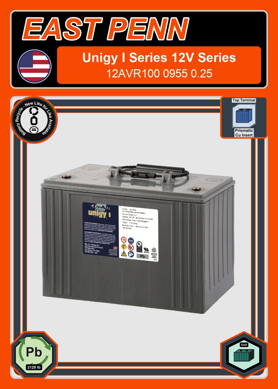 Battery Recycle East Penn Deka Unigy I 12AVR100 0955 0 25