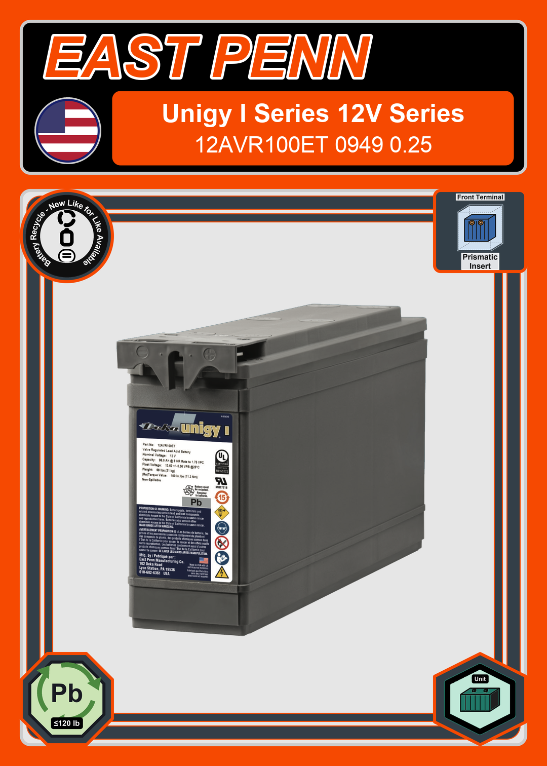 Battery Recycle East Penn Deka Unigy I 12AVR100ET 0949 0 25