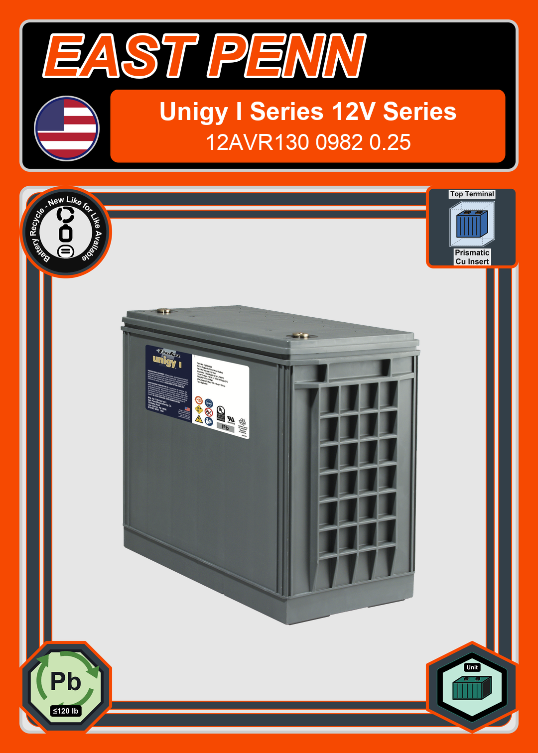 Battery Recycle East Penn Deka Unigy I 12AVR130 0982 0 25