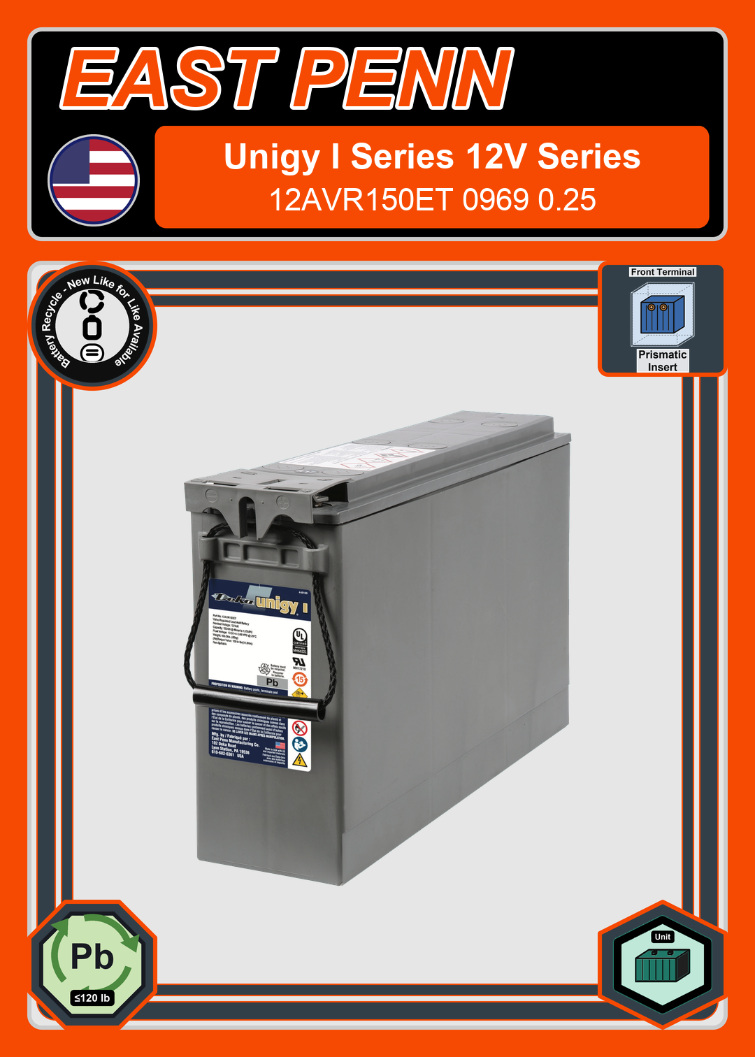 Battery Recycle East Penn Deka Unigy I 12AVR150ET 0969 0 25