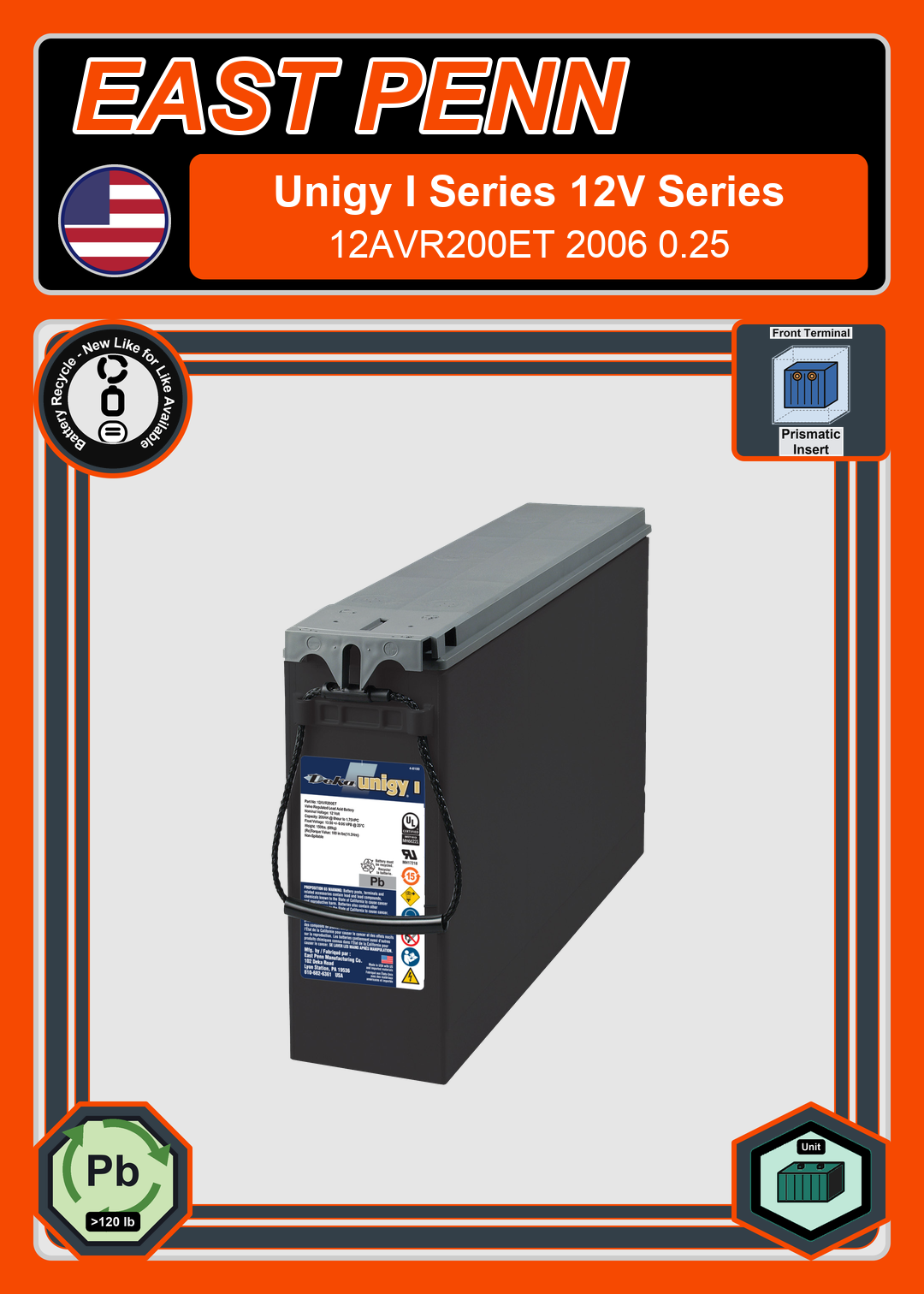 Battery Recycle East Penn Deka Unigy I 12AVR200ET 2006 0 25