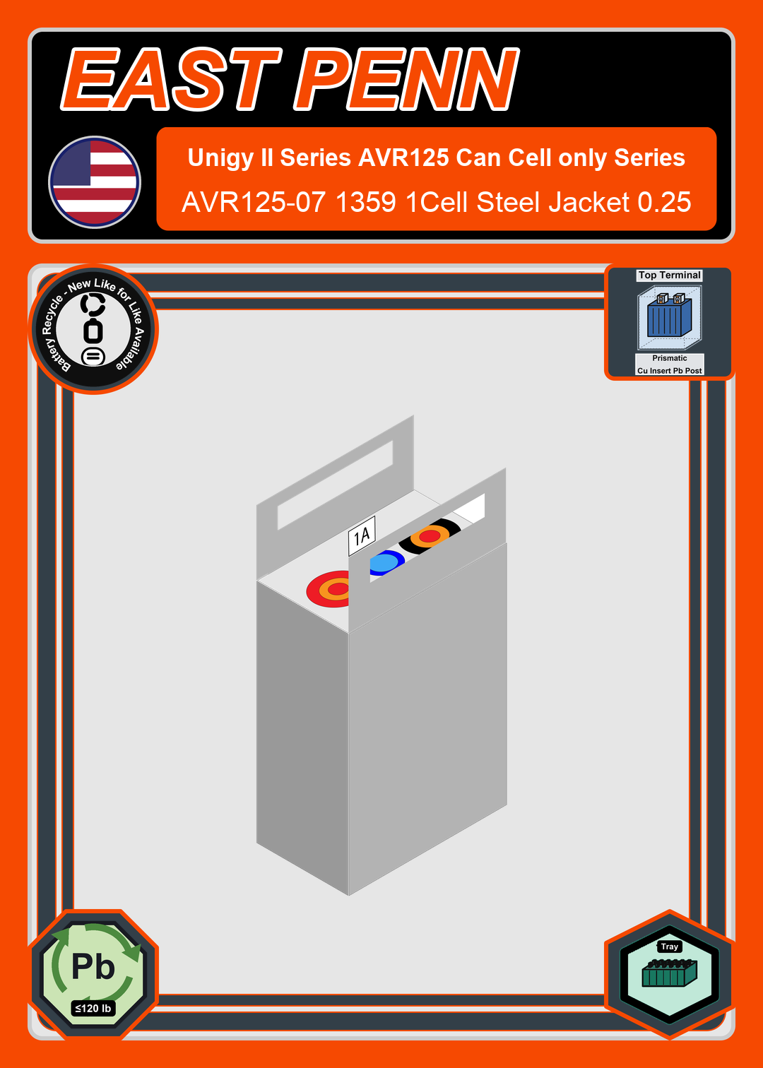 Battery Recycle East Penn Deka Unigy II AVR125 07 1359 1Cell Steel Jacket 0 25