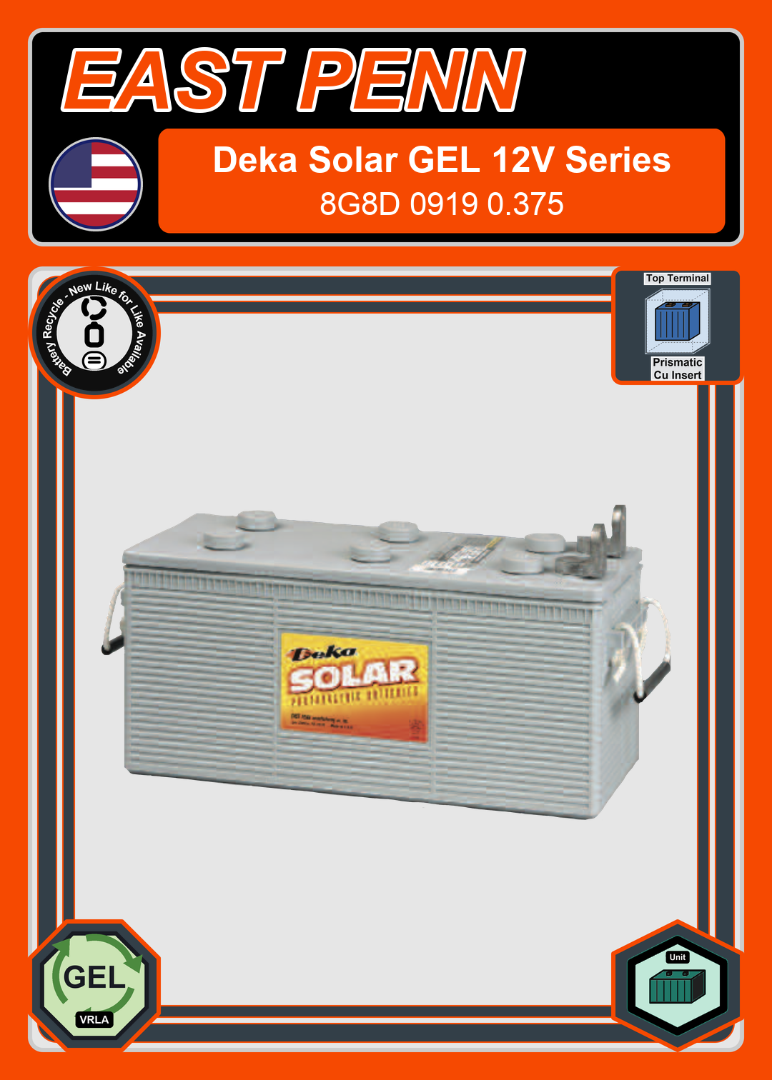 Battery Recycle East Penn Deka Solar GEL 8G8D 0919 0 375