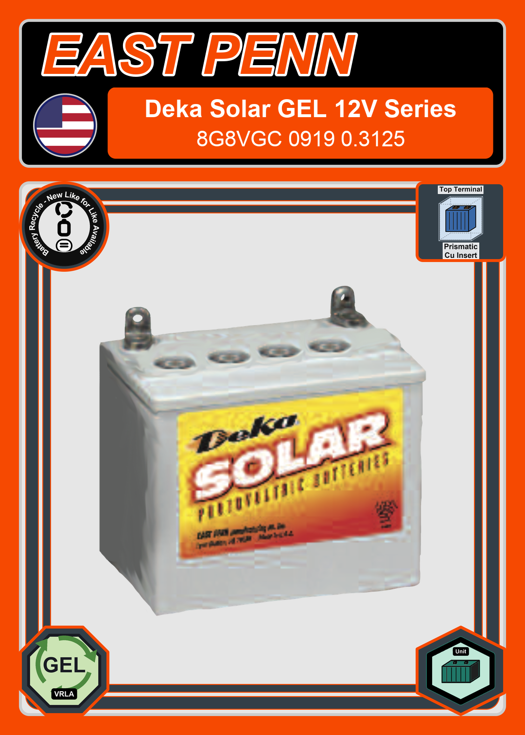 Battery Recycle East Penn Deka Solar GEL 8G8VGC 0919 0 3125