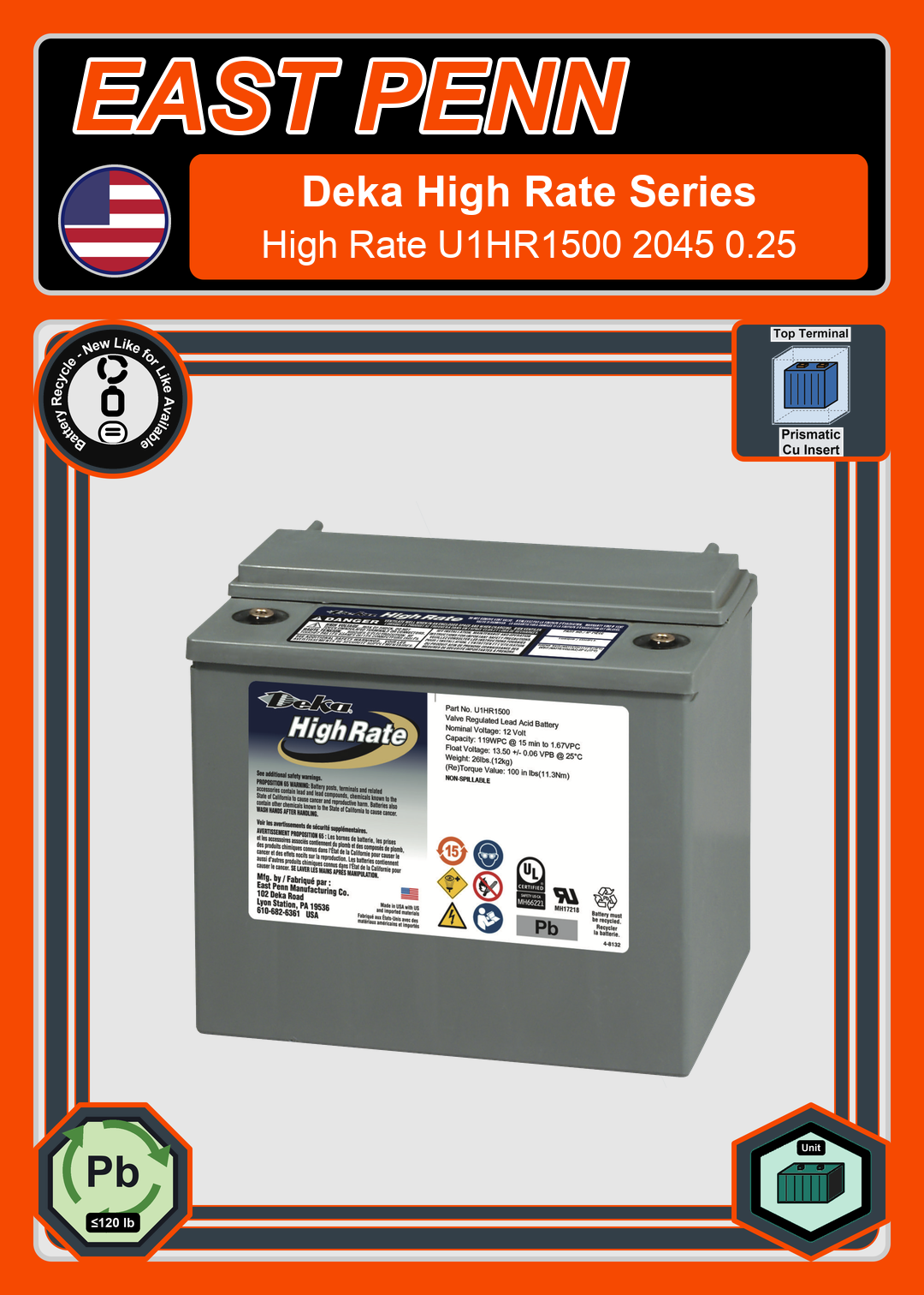 Battery Recycle East Penn Deka Deka High Rate U1HR1500 2045 0 25