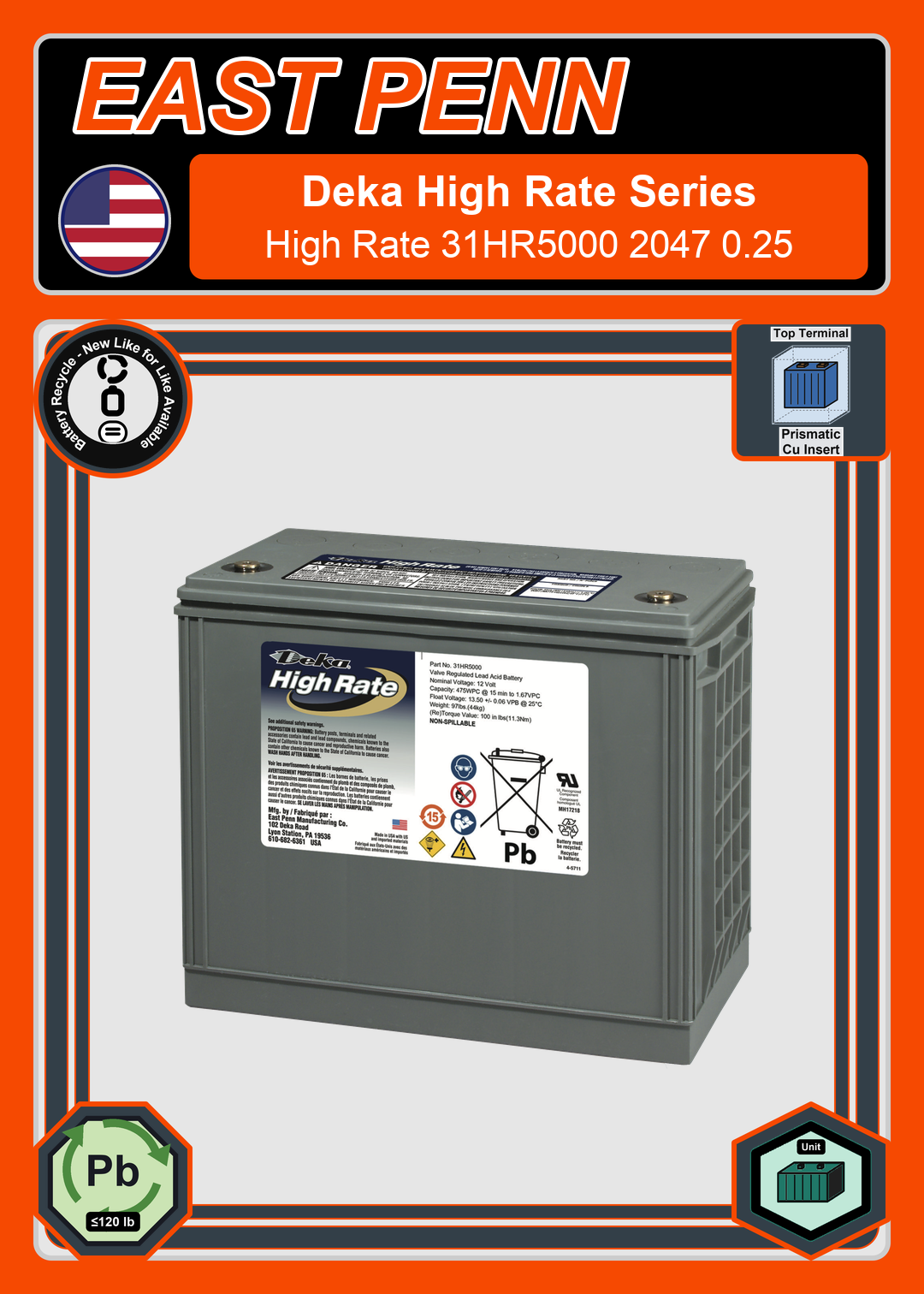Battery Recycle East Penn Deka High Rate 31HR5000 2047 0 25
