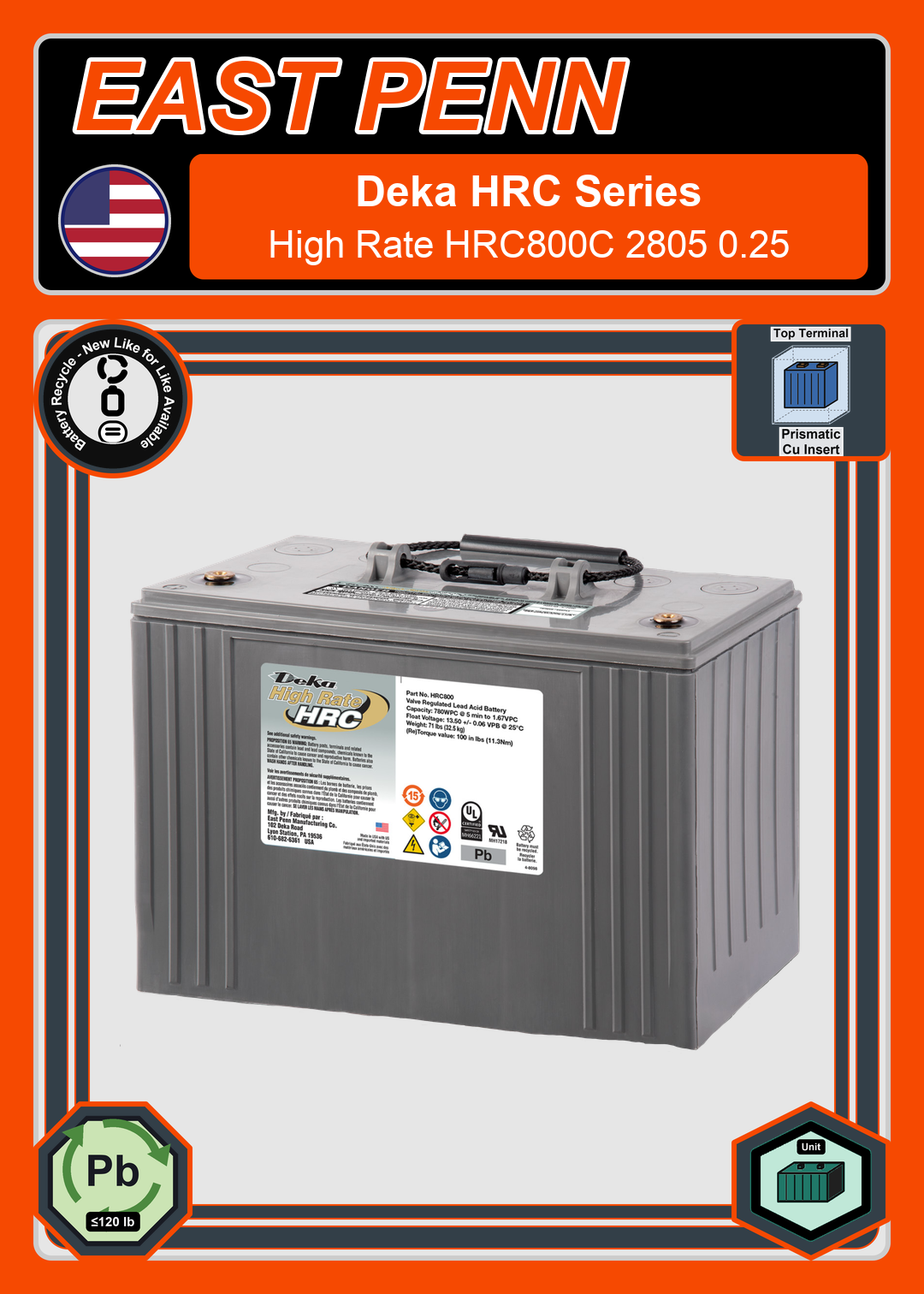 Battery Recycle East Penn Deka High Rate HRC800C 2805 0 25