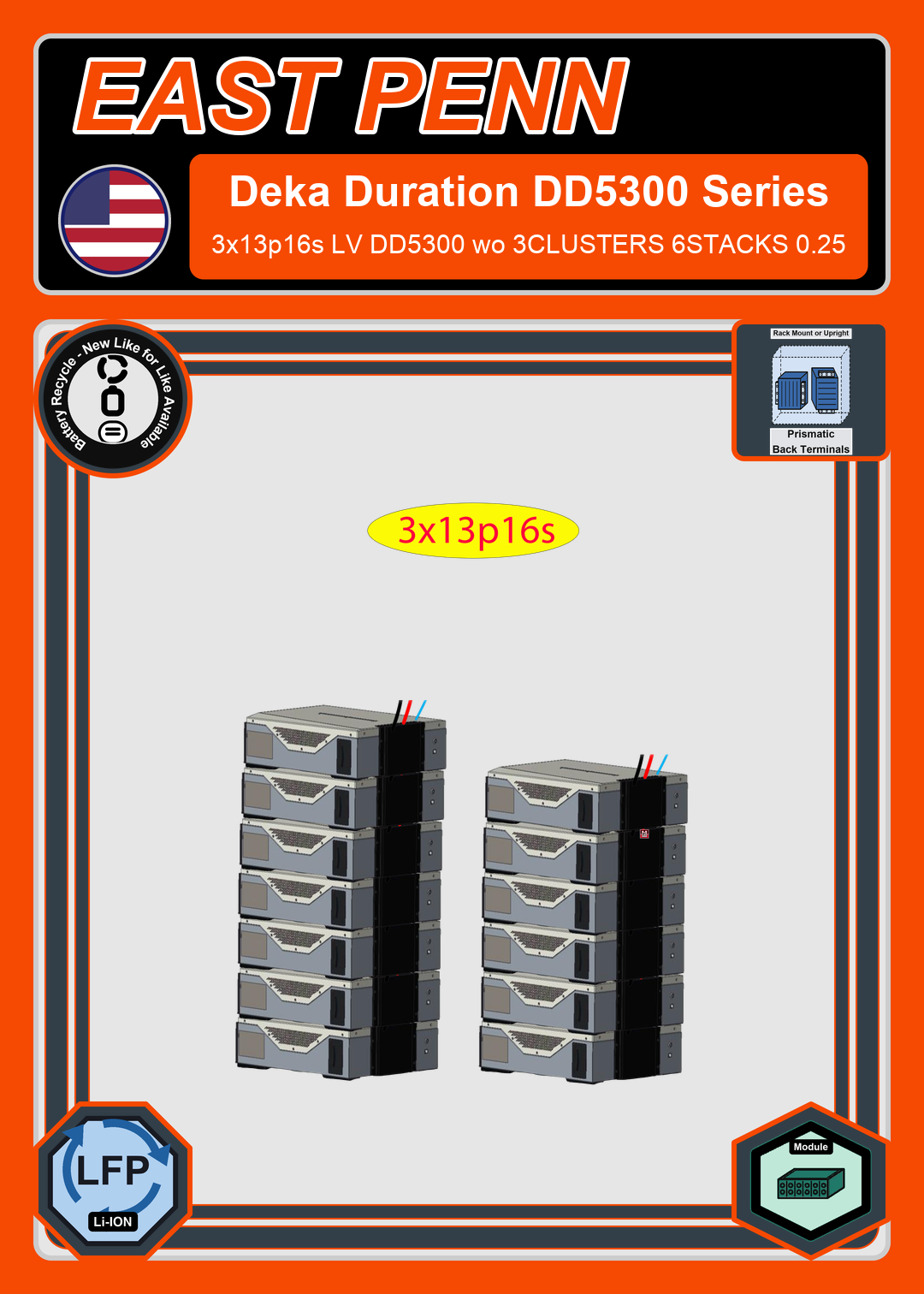 Battery Recycle East Penn Battery Deka Duration 3x13p16s LV DD5300 wo 3CLUSTERS 6STACKS 0.25
