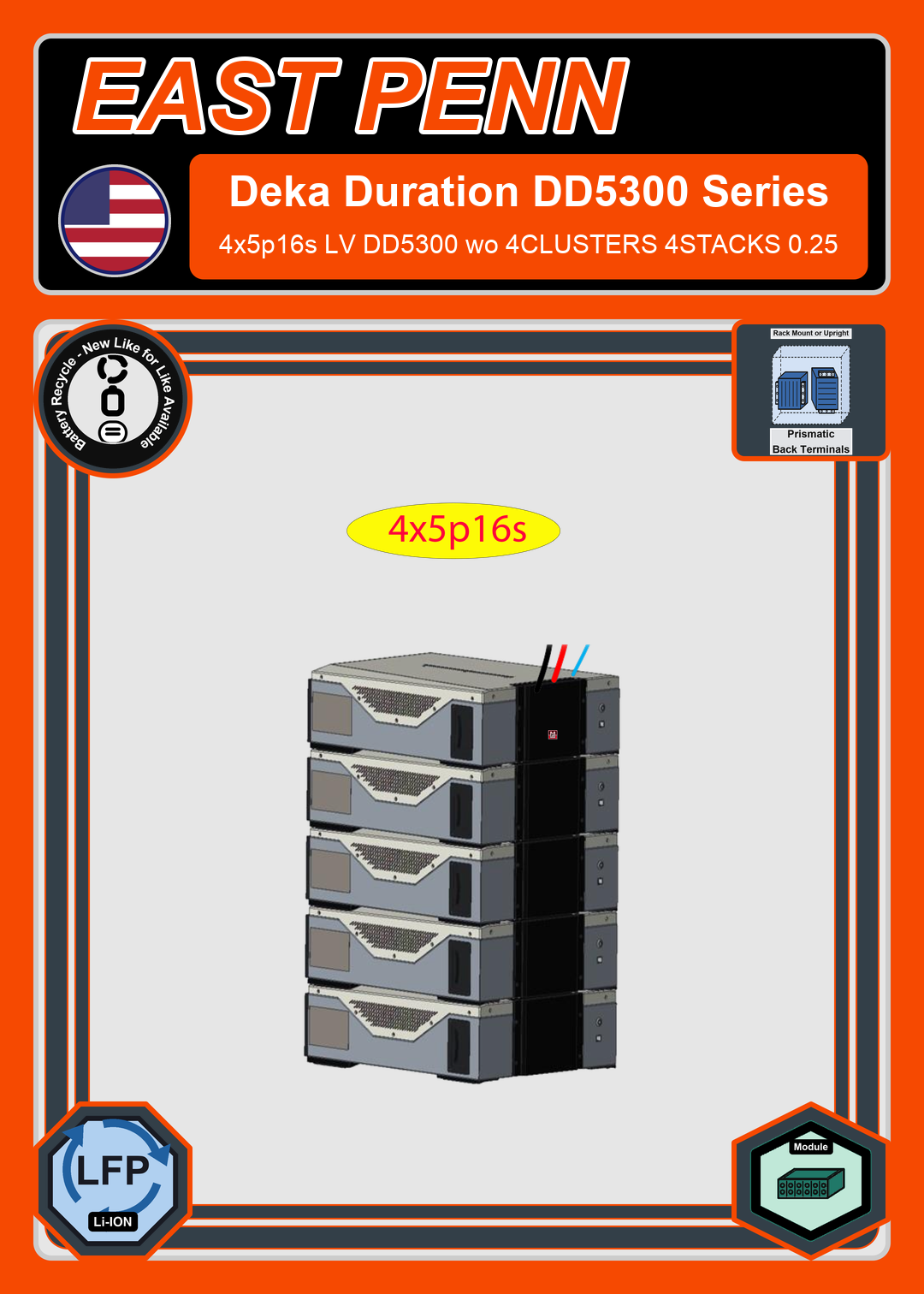 Battery Recycle East Penn Battery Deka Duration 4x5p16s LV DD5300 wo 4CLUSTERS 4STACKS 0.25