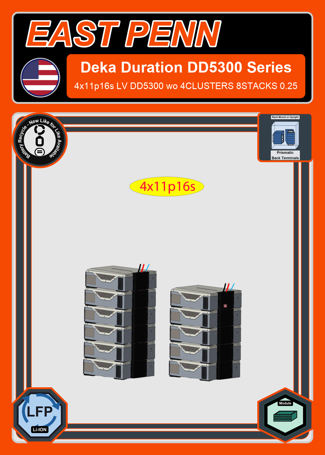 Battery Recycle East Penn Battery Deka Duration 4x11p16s LV DD5300 wo 4CLUSTERS 8STACKS 0.25