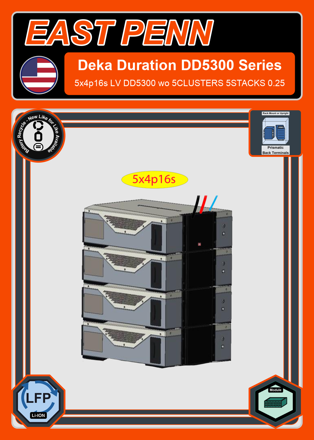 Battery Recycle East Penn Battery Deka Duration 5x4p16s LV DD5300 wo 5CLUSTERS 5STACKS 0.25