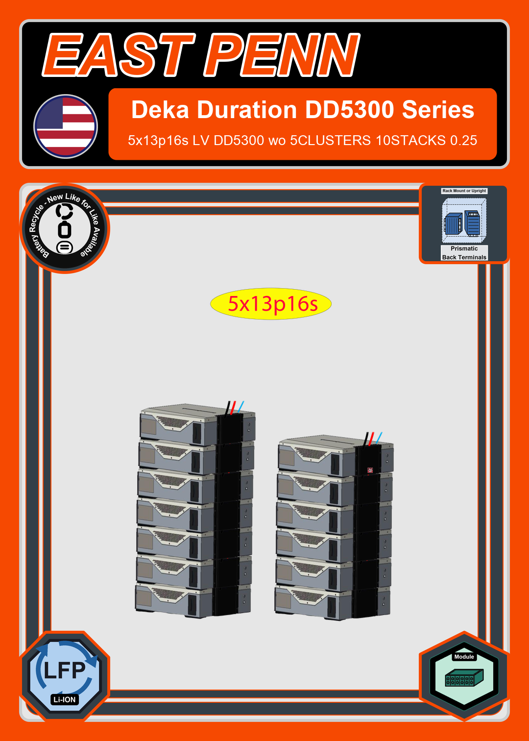 Battery Recycle East Penn Battery Deka Duration 5x13p16s LV DD5300 wo 5CLUSTERS 10STACKS 0.25