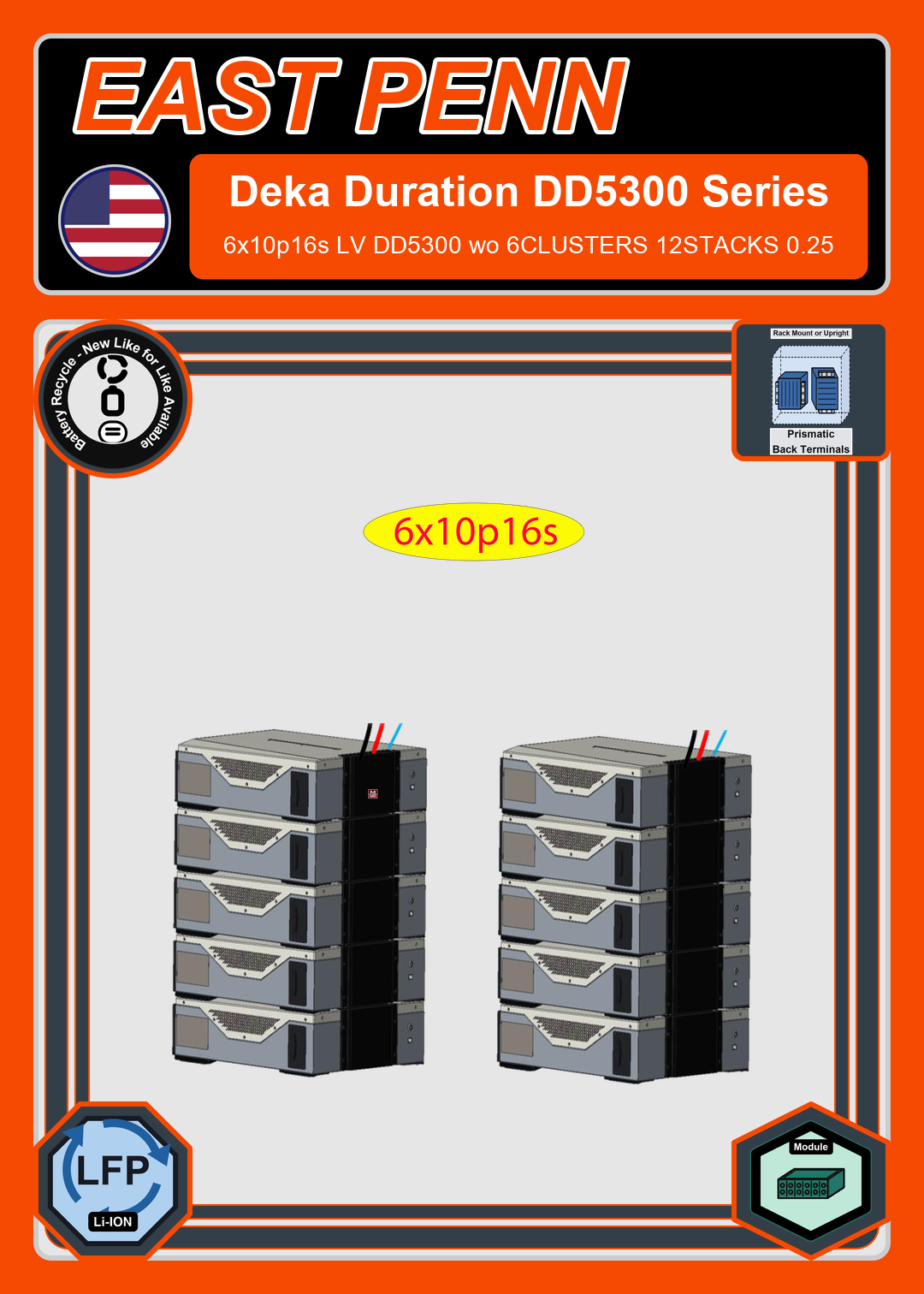 Battery Recycle East Penn Battery Deka Duration 6x10p16s LV DD5300 wo 6CLUSTERS 12STACKS 0.25
