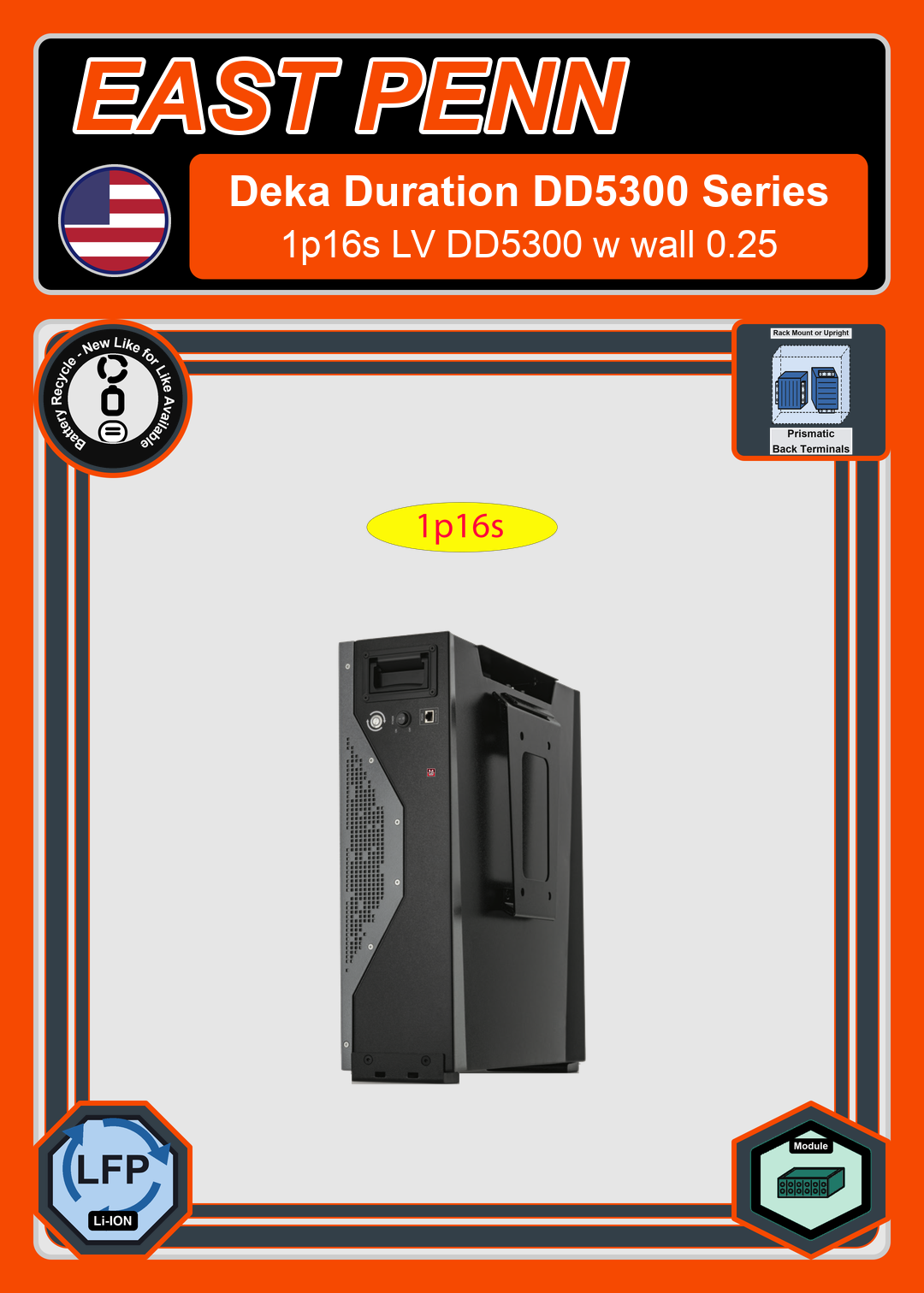 Battery Recycle East Penn Battery Deka Duration 1p16s LV DD5300 w wall 0.25