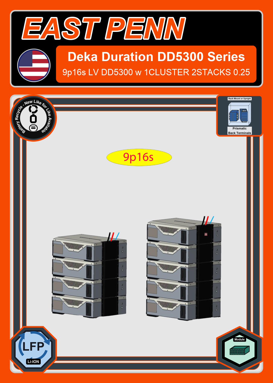 Battery Recycle East Penn Battery Deka Duration 9p16s LV DD5300 w 1CLUSTER 2STACKS 0.25