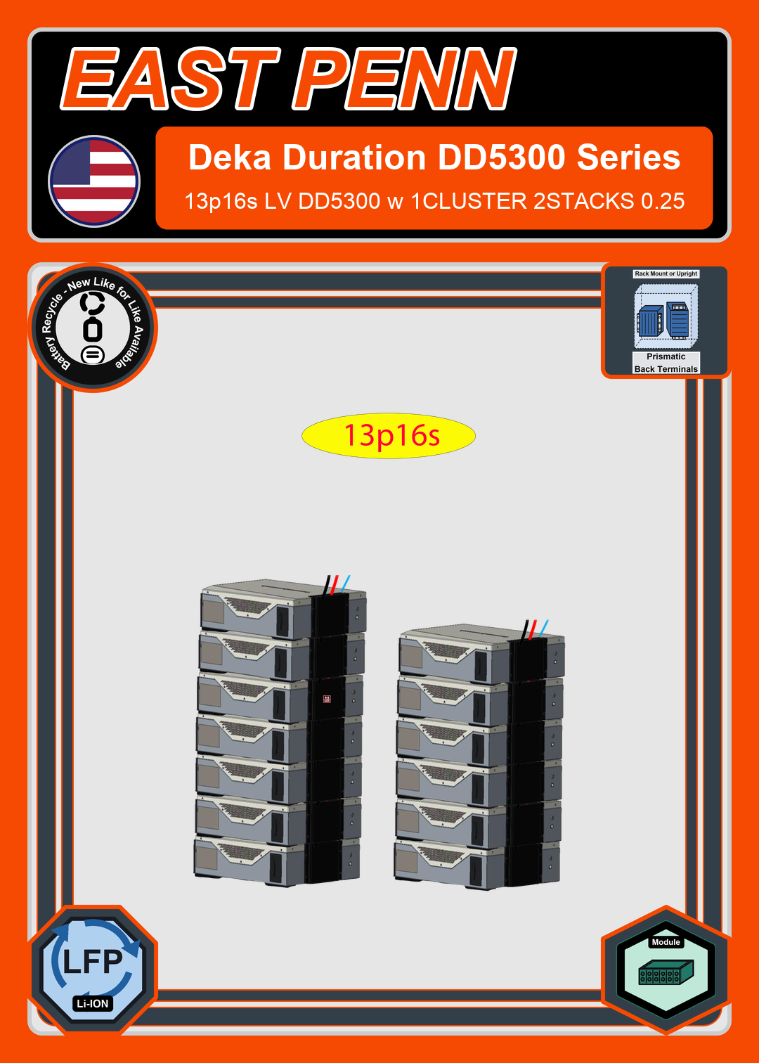 Battery Recycle East Penn Battery Deka Duration 13p16s LV DD5300 w 1CLUSTER 2STACKS 0.25