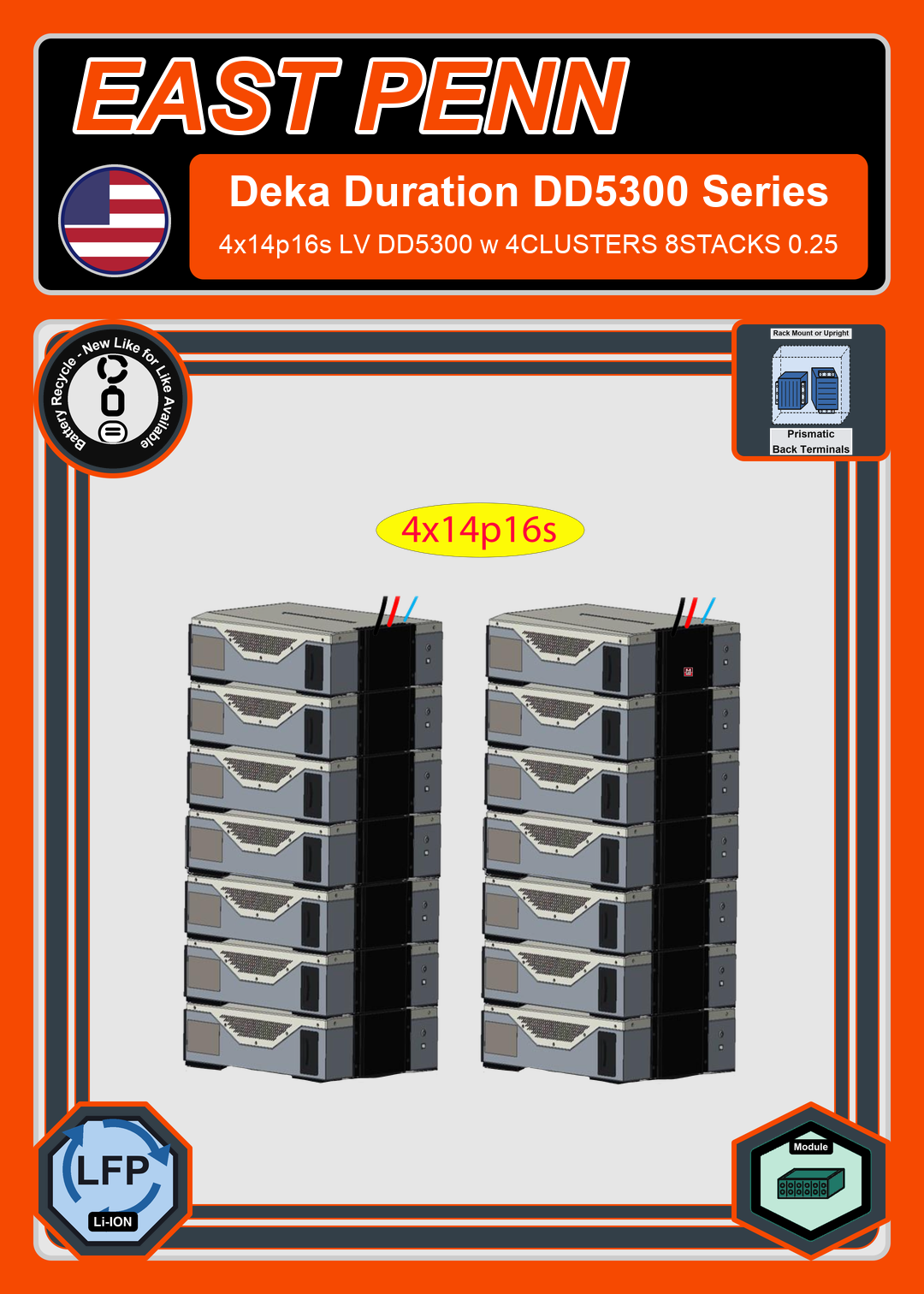 Battery Recycle East Penn Battery Deka Duration 4x14p16s LV DD5300 w 4CLUSTERS 8STACKS 0.25