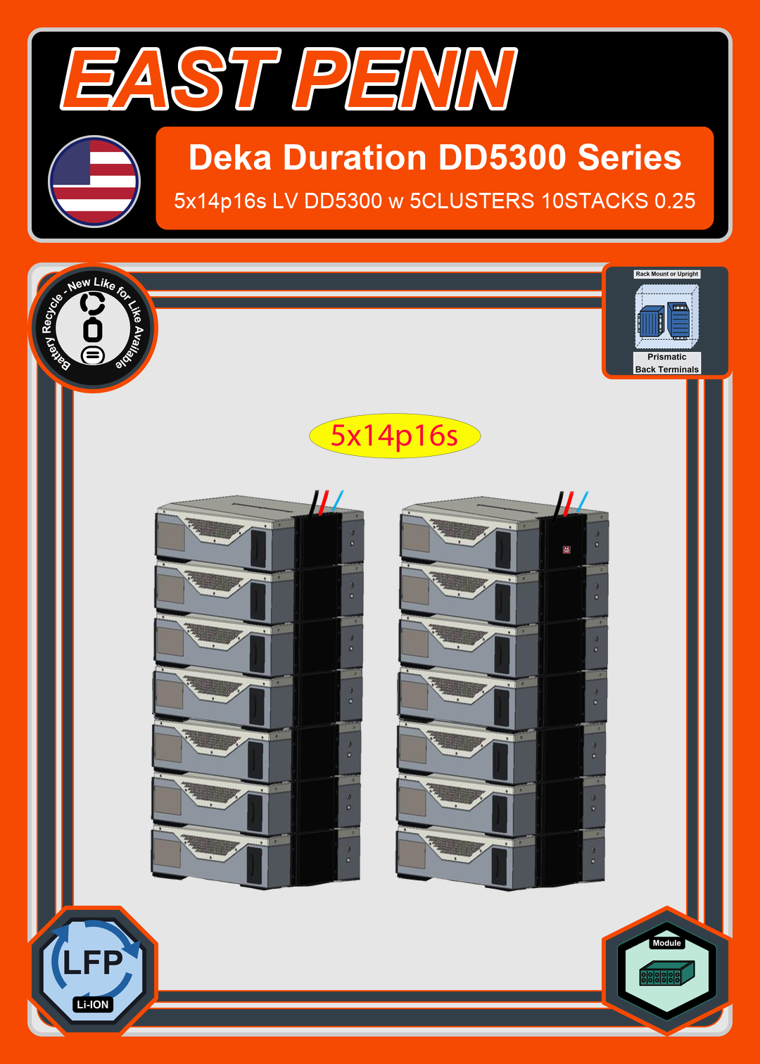 Battery Recycle East Penn Battery Deka Duration 5x14p16s LV DD5300 w 5CLUSTERS 10STACKS 0.25