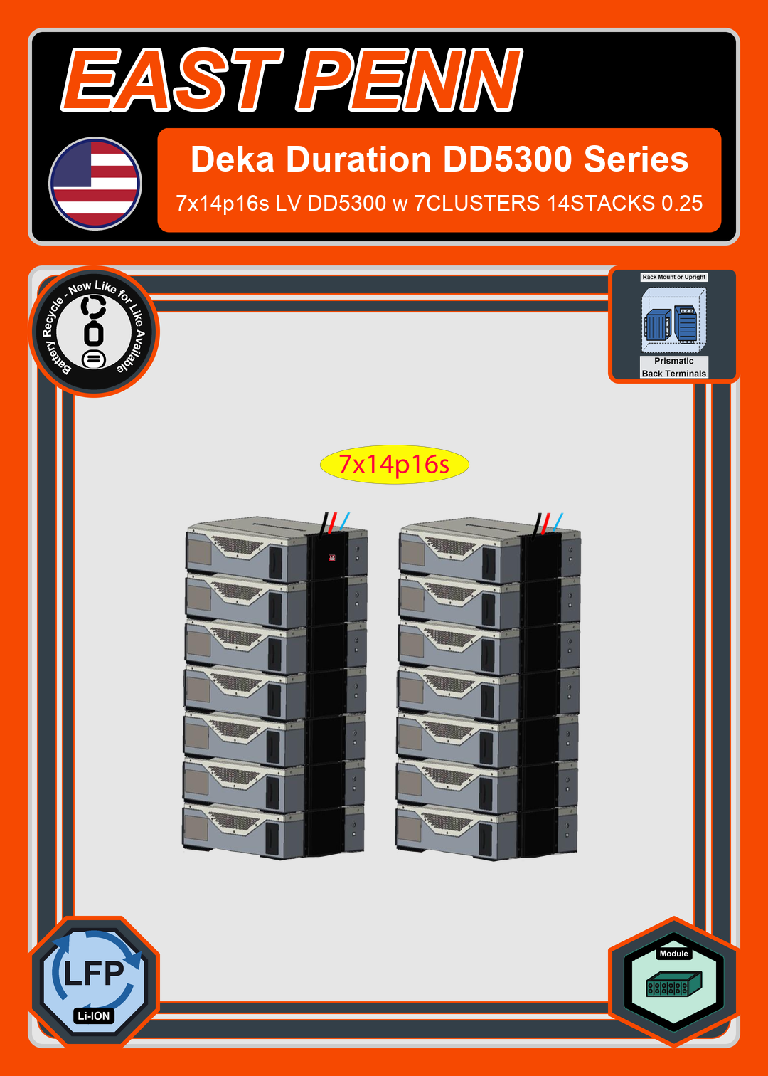 Battery Recycle East Penn Battery Deka Duration 7x14p16s LV DD5300 w 7CLUSTERS 14STACKS 0.25