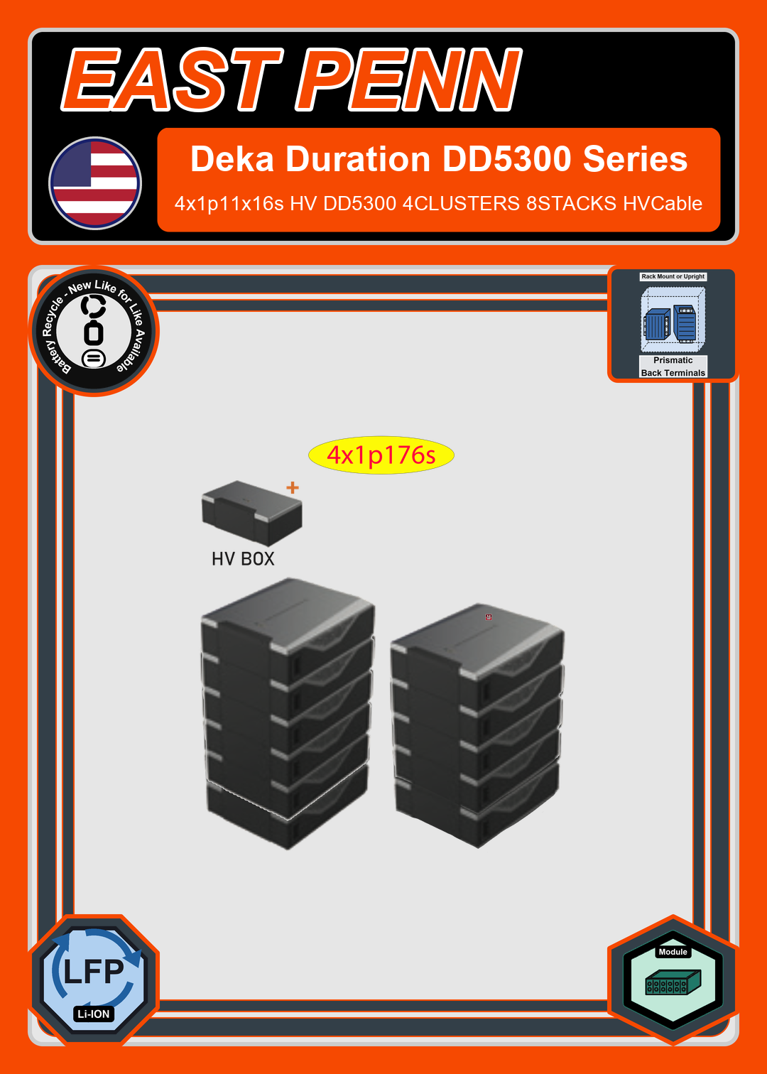 Battery Recycle East Penn Battery Deka Duration 4x1p11x16s HV DD5300 4CLUSTERS 8STACKS HVCable