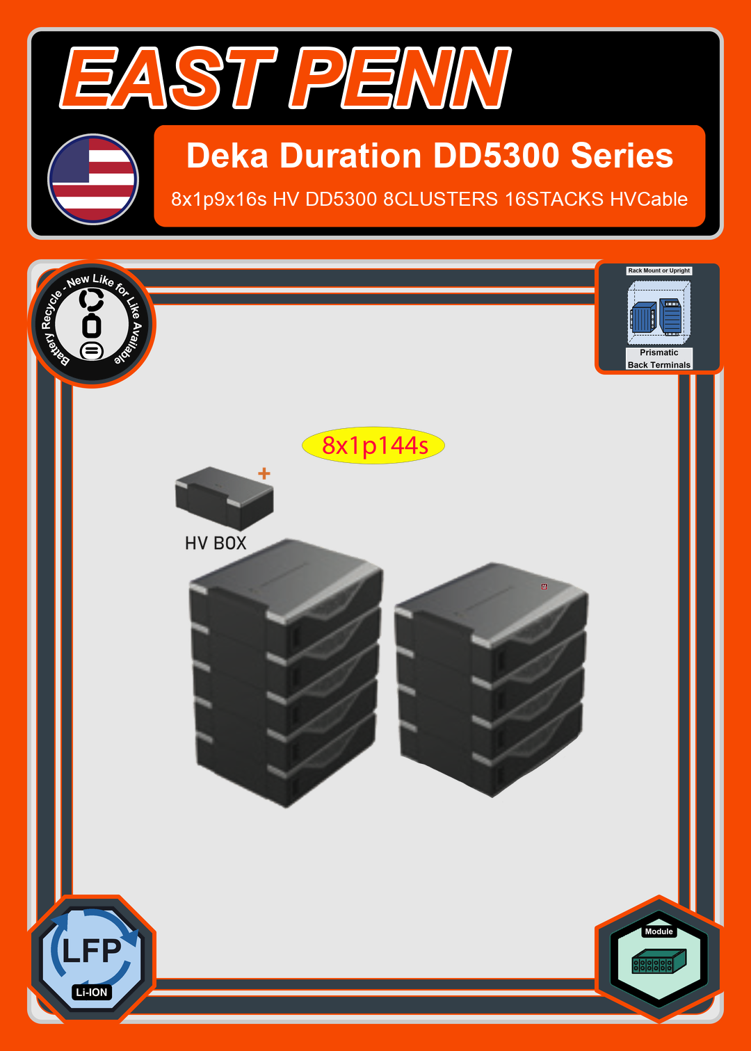 Battery Recycle East Penn Battery Deka Duration 8x1p9x16s HV DD5300 8CLUSTERS 16STACKS HVCable