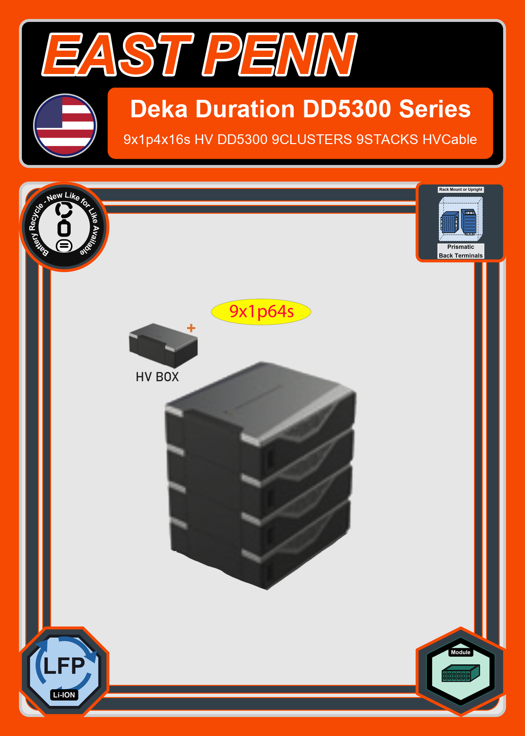 Battery Recycle East Penn Battery Deka Duration 9x1p4x16s HV DD5300 9CLUSTERS 9STACKS HVCable