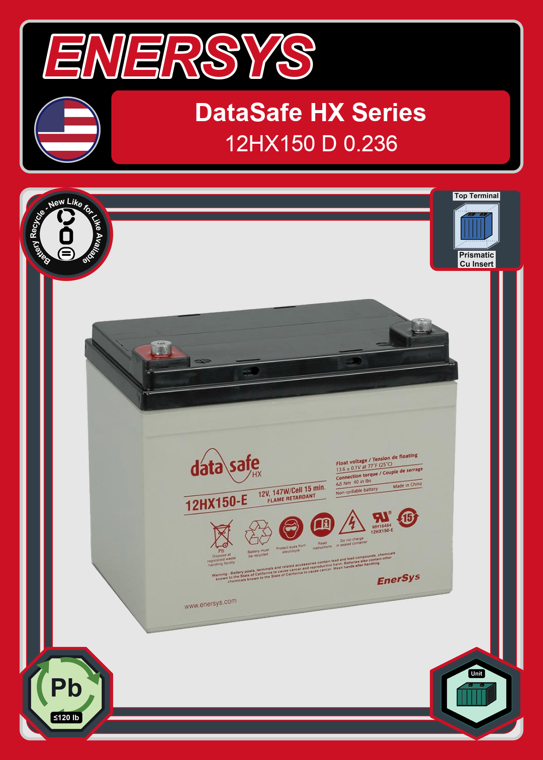 Battery Recycle Enersys Data Safe HX 12HX150 D 0 236