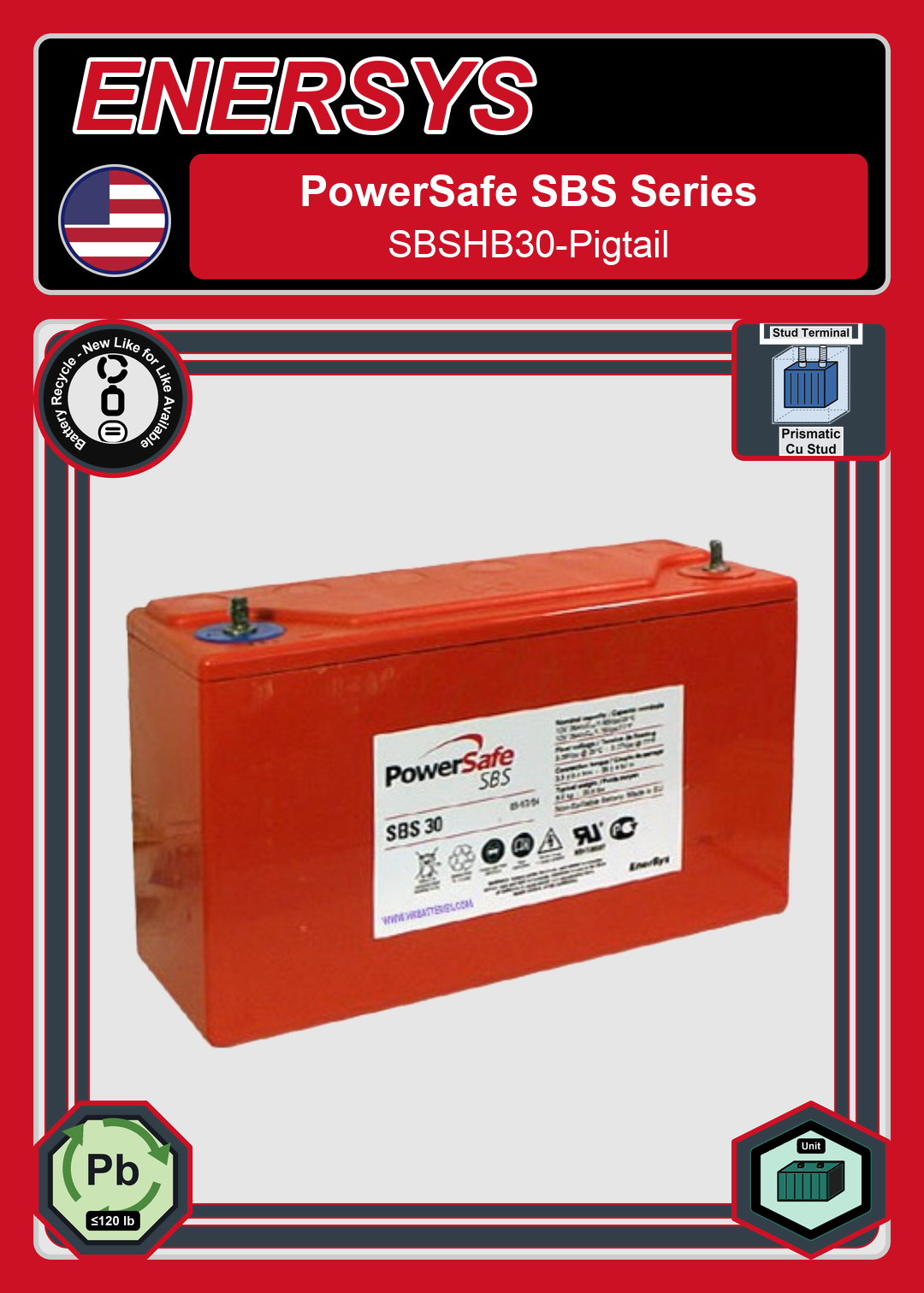 Battery Recycle Enersys PowerSafe SBS Series SBSHB30 Pigtail