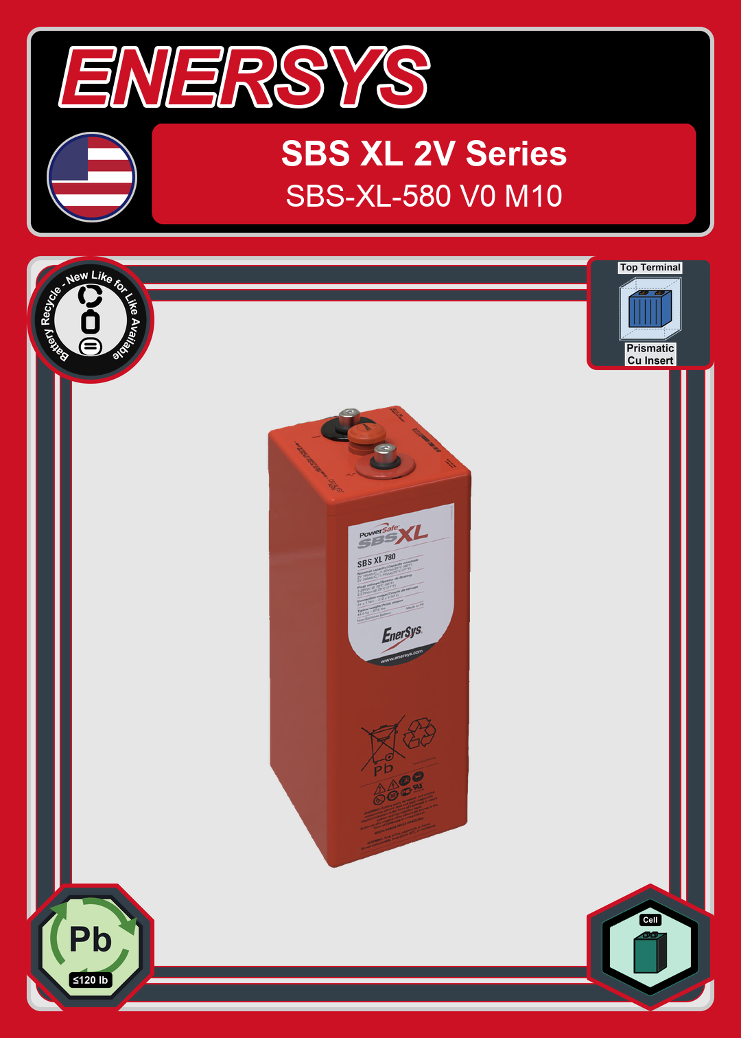 Battery Recycle Enersys SBS XL 2V Series SBS XL 580 V0 M10