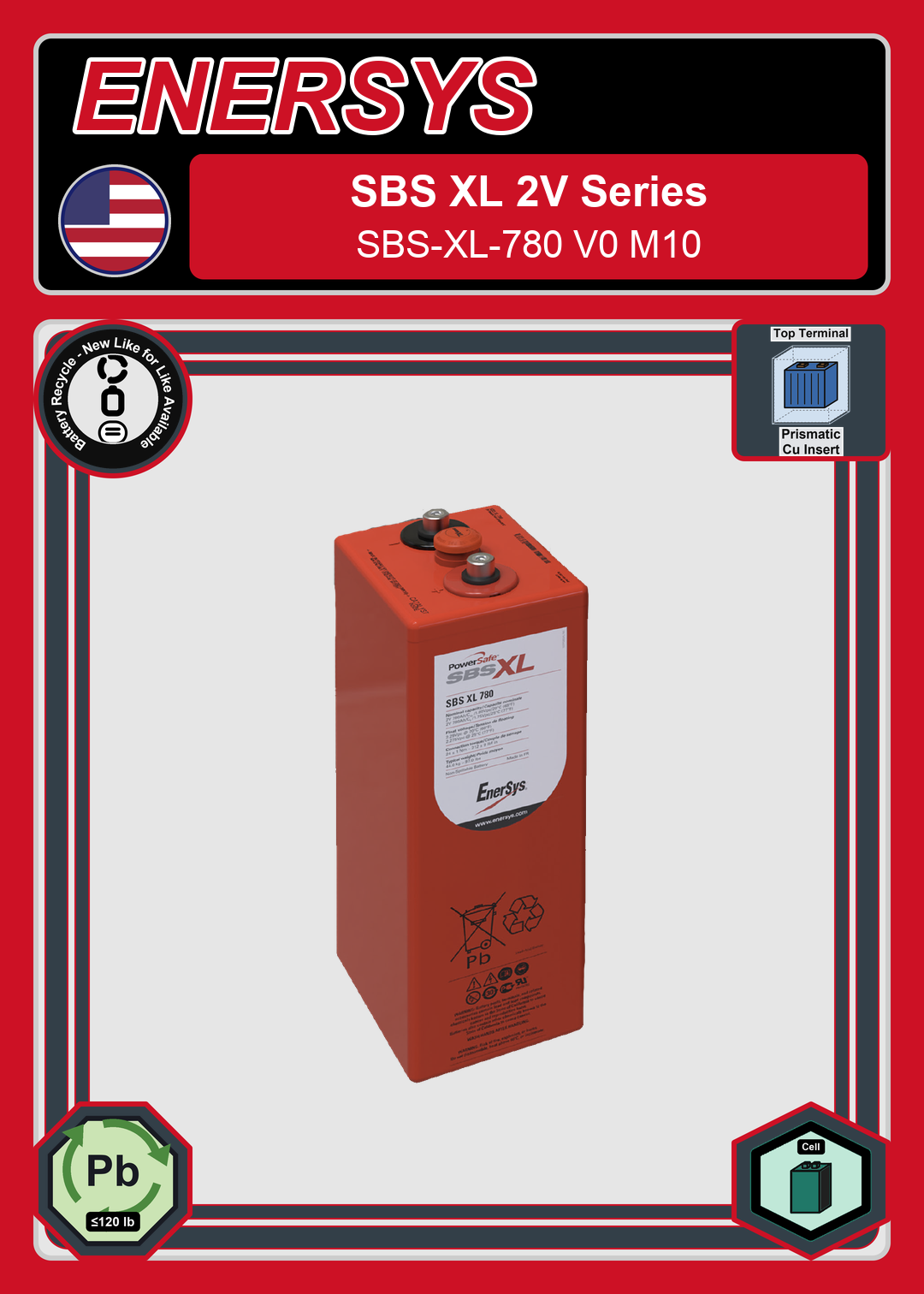 Battery Recycle Enersys SBS XL 2V Series SBS XL 780 V0 M10