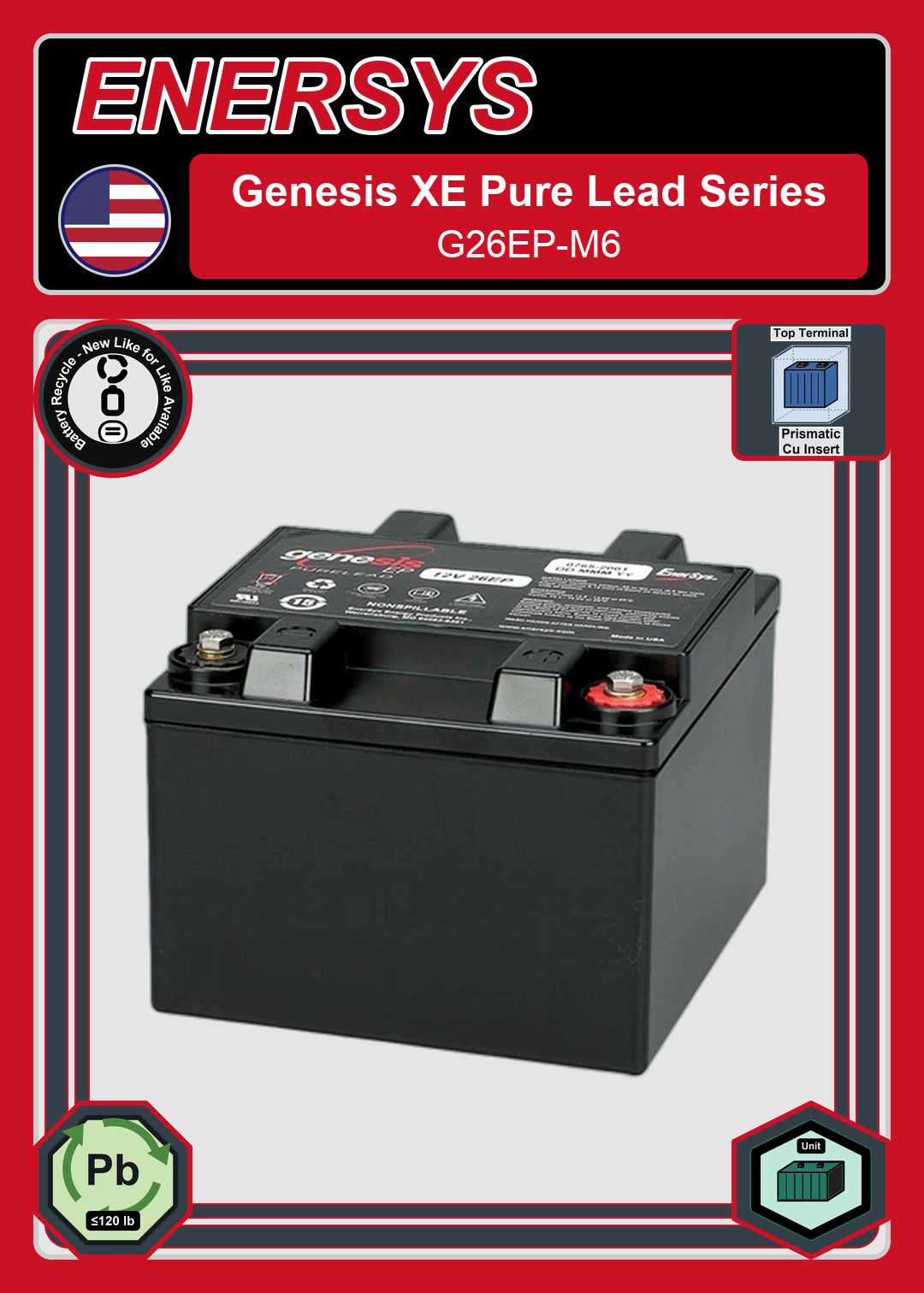 Battery Recycle Enersys Genesis Pure Lead Series G26EP M6