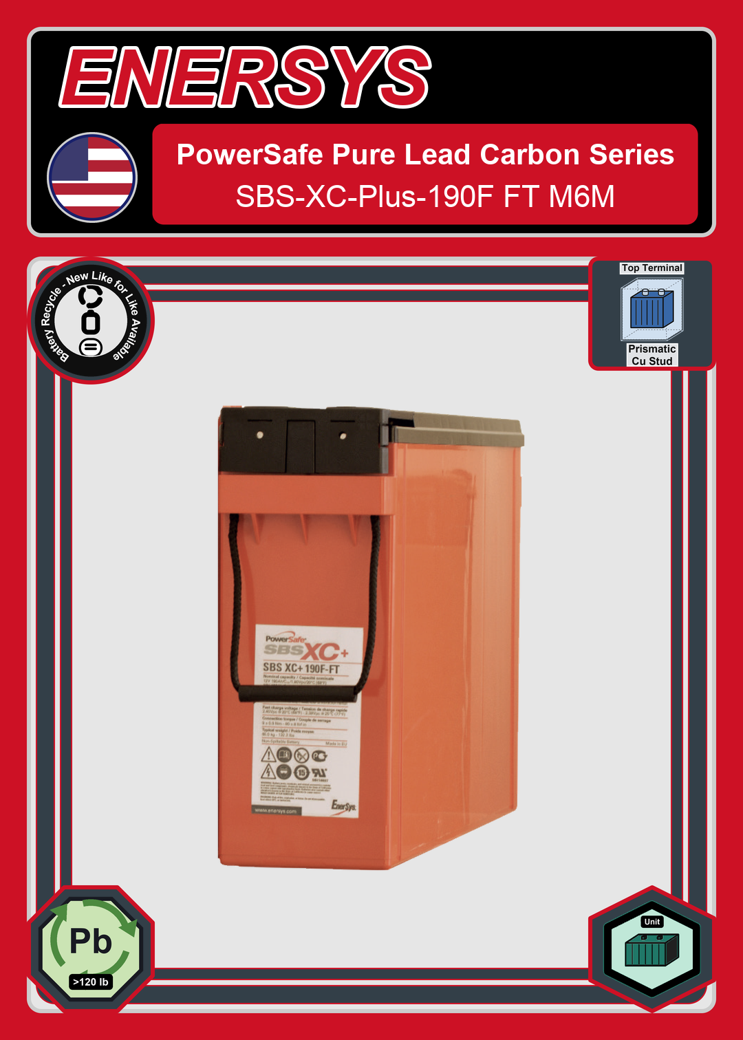 Battery Recycle Enersys PowerSafe Pure Lead Carbon Series SBS XC Plus 190F FT M6M