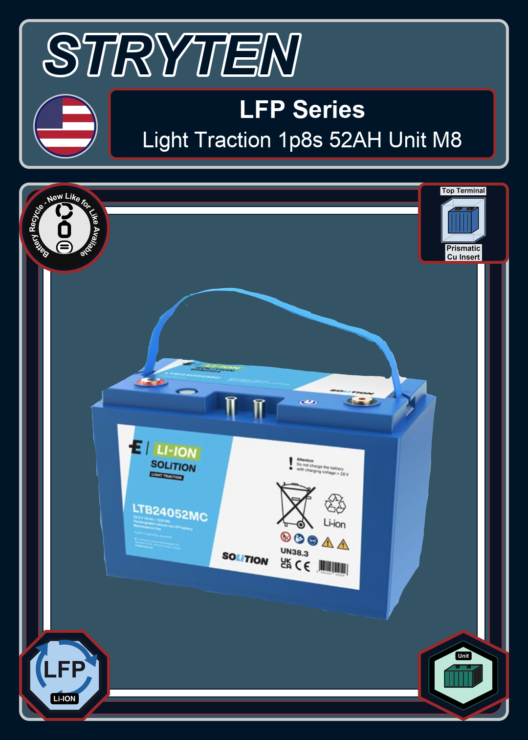 Battery Recycle Exide Battery LFP Solition Light Traction 1p8s 52AH Unit M8