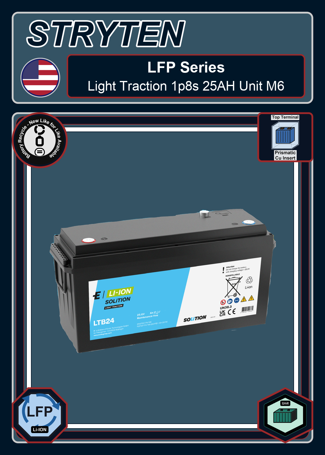 Battery Recycle Exide Battery LFP Solition Light Traction 1p8s 25AH Unit M6