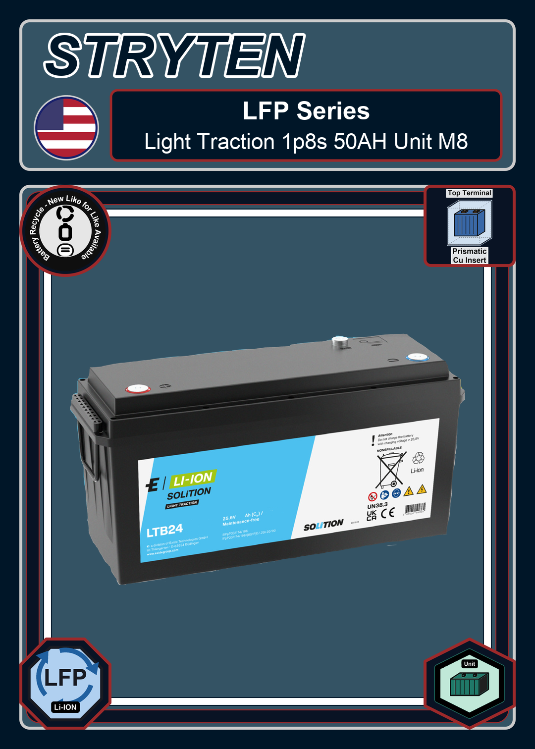 Battery Recycle Exide Battery LFP Solition Light Traction 1p8s 50AH Unit M8