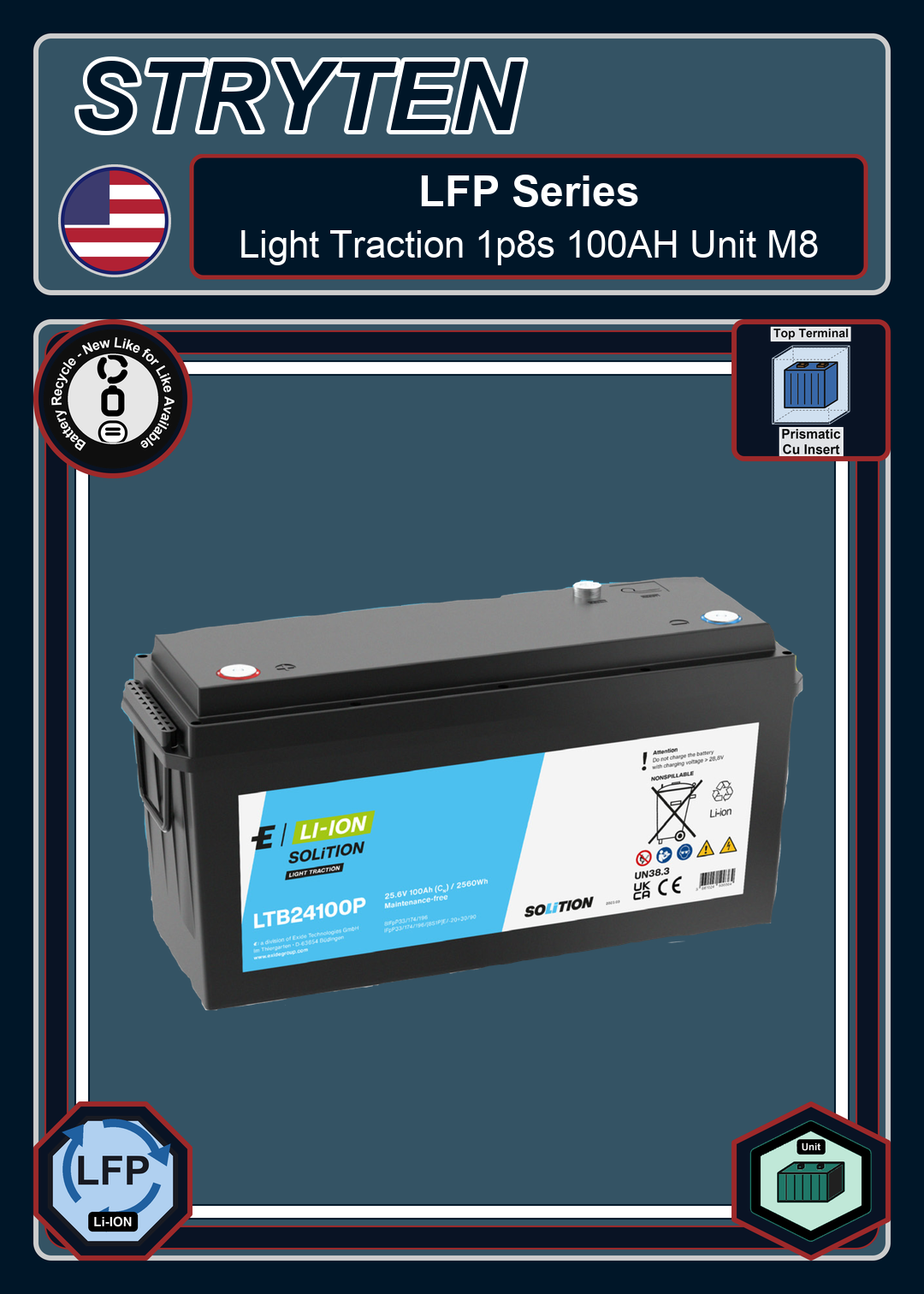 Battery Recycle Exide Battery LFP Solition Light Traction 1p8s 100AH Unit M8