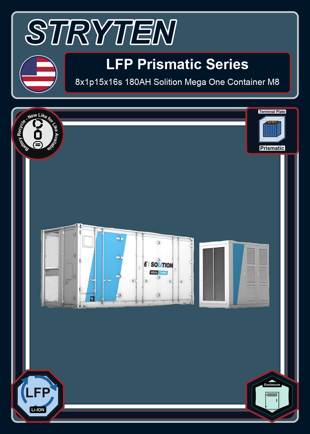 Battery Recycle Exide Battery LFP Prismatic 8x1p15x16s 180AH Solition Mega One Container M8