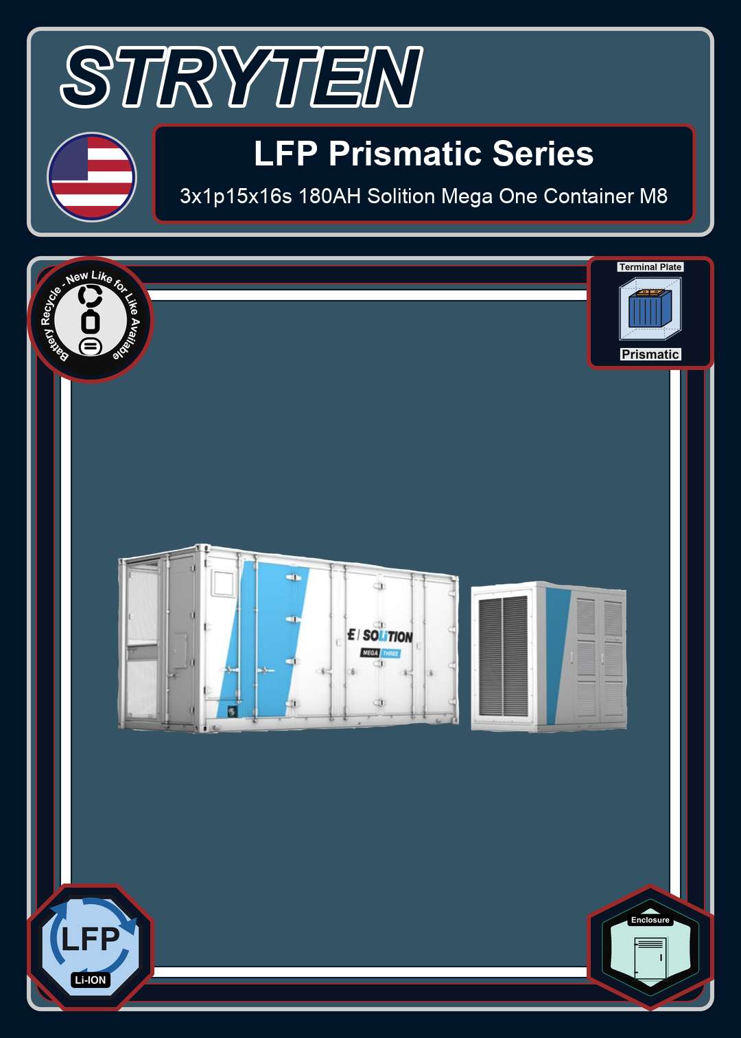 Battery Recycle Exide Battery LFP Prismatic 3x1p15x16s 180AH Solition Mega One Container M8