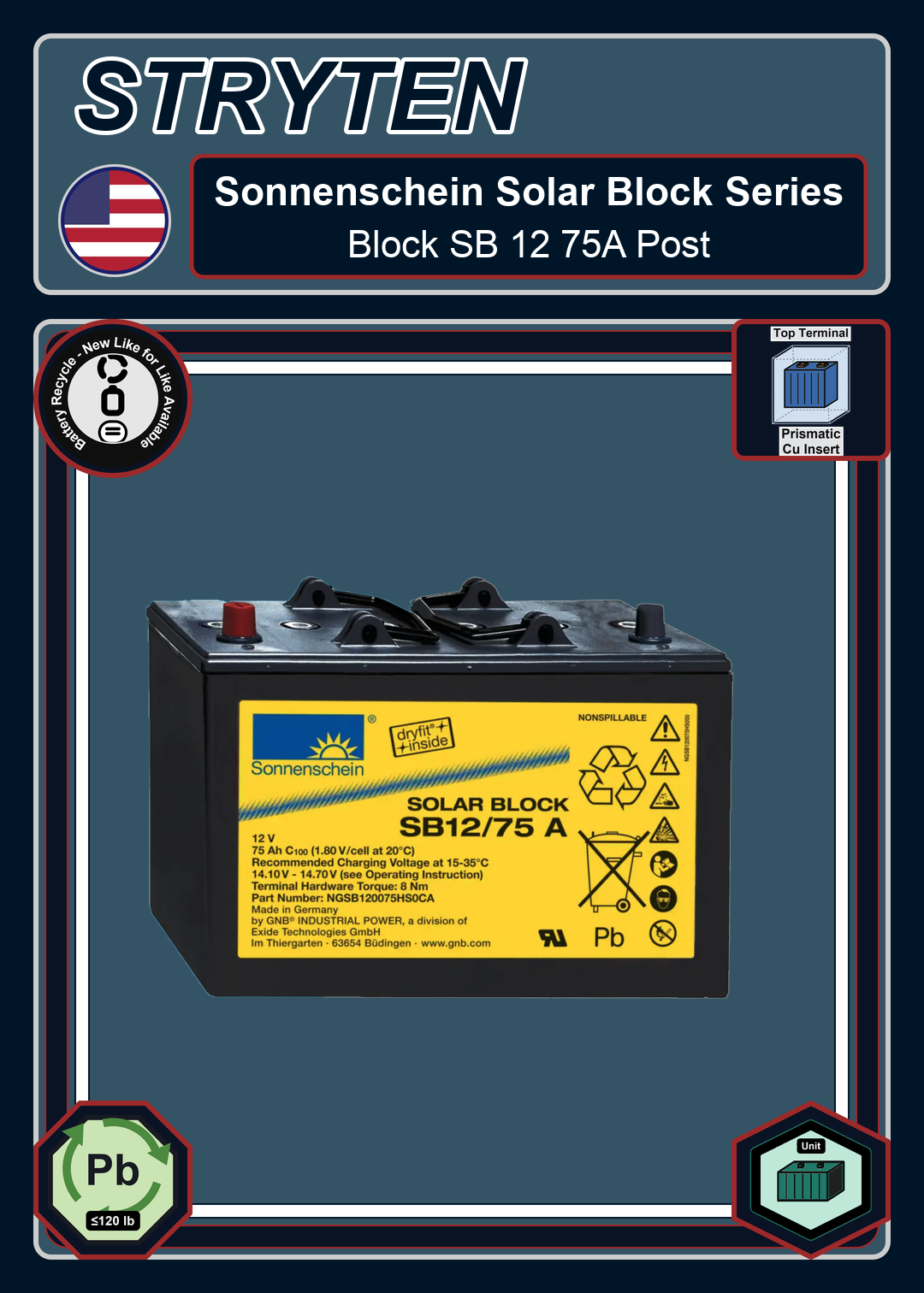 Battery Recycle Exide Battery Sonnenschein Solar Block SB 12 75A Post