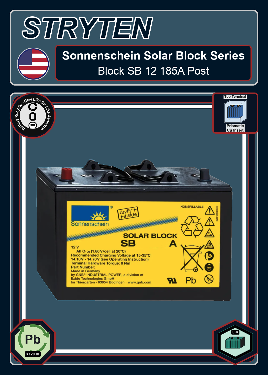 Battery Recycle Exide Battery Sonnenschein Solar Block SB 12 185A Post