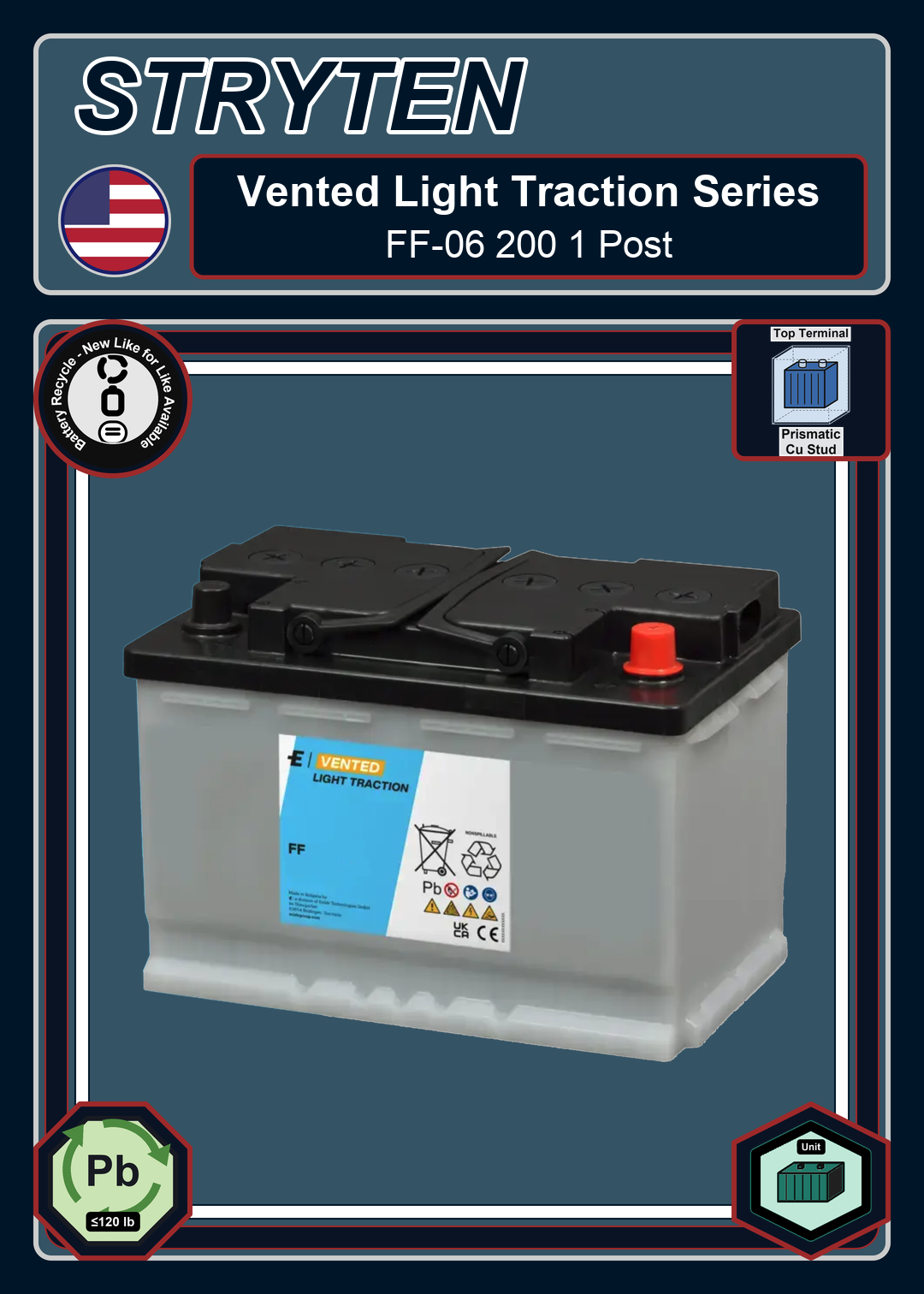 Battery Recycle Exide Battery Vented Light Traction FF 06 200 1 Post