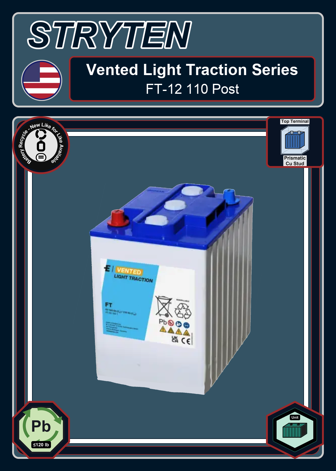 Battery Recycle Exide Battery Vented Light Traction FT 12 110 Post