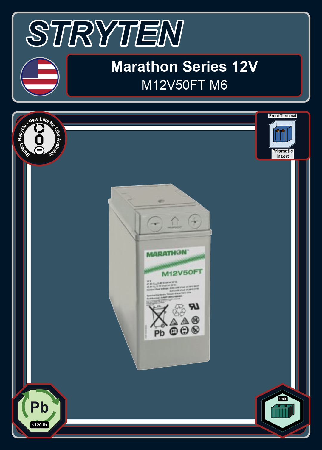 Battery Recycle Exide GNB Marathon FT Series M12V50FT M6