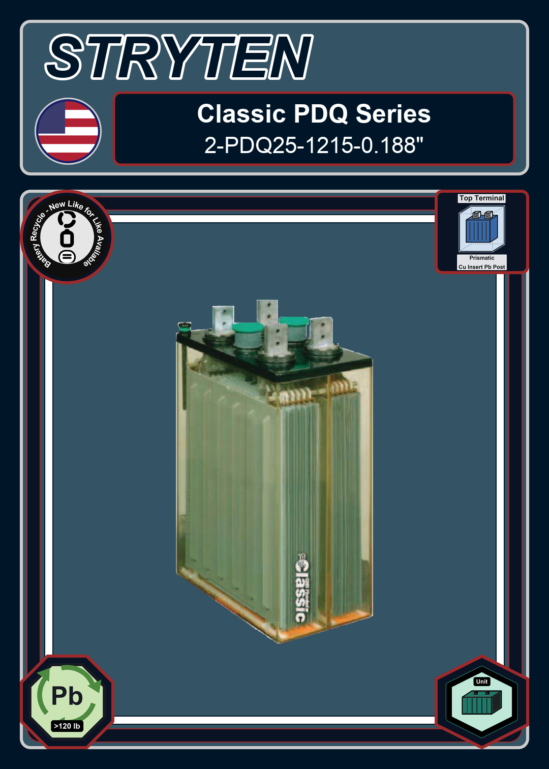 Battery Recycle EXide GNB Classic Series 2 PDQ25 1215 0 188