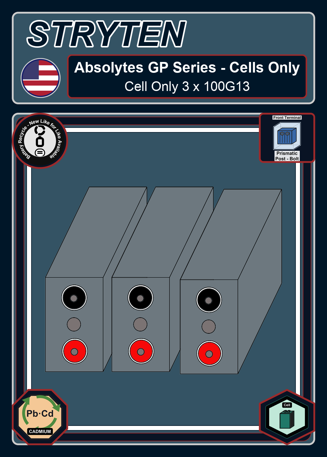 Battery Recycle EXide GNB Absolyte GP Series 1 100G39 M6 Cell Only 3 x 100G13